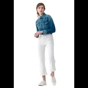 Citizens of Humanity Drew Fray High Rise Crop Flare in Light Cream Stripe‎